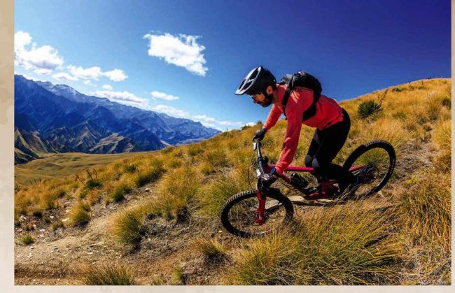 Mountain biker riding downhill on golden tussock terrain with mountains behind