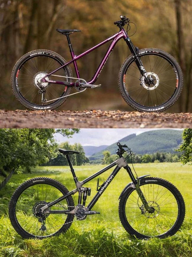Two mountain bikes shown side by side, purple hardtail and grey full-sus