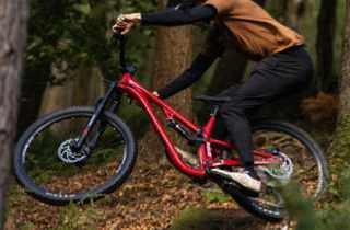 Rider on red full-suspension bike performing wheelie in forest