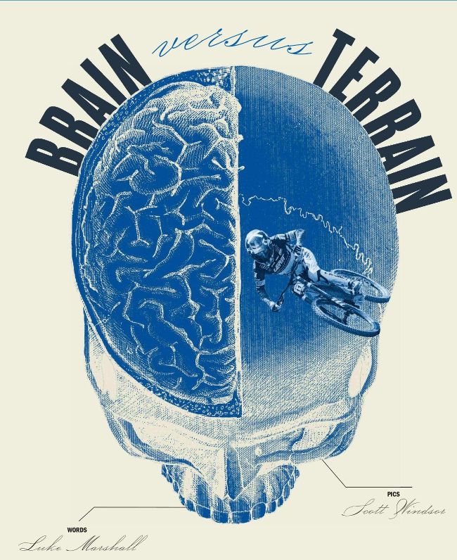 Split skull illustration showing brain and mountain biker, Brain versus Terrain title