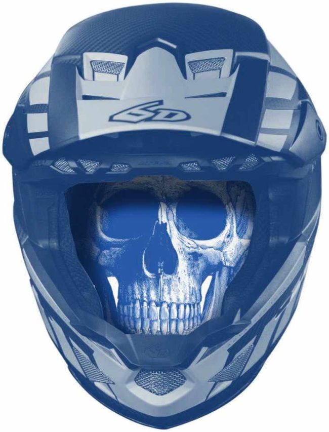 Blue motocross helmet with skull face visible through visor opening