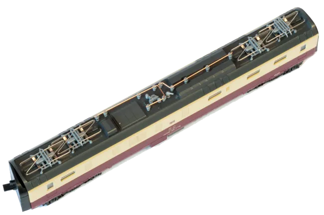 Underside view of all six cars of the Kato SBB RAe II TEE set showing bogie and chassis detail.
