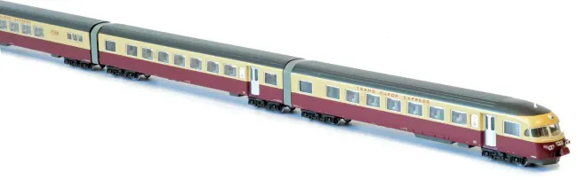 Kato N gauge SBB RAe II TEE Trans Europ Express six-car electric multiple unit set in classic red and cream livery, viewed from above and side angle.