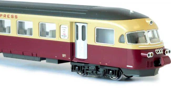 Close-up of the pantographs and roof detail on the Kato SBB RAe II TEE model, showing fine metal and plastic construction.