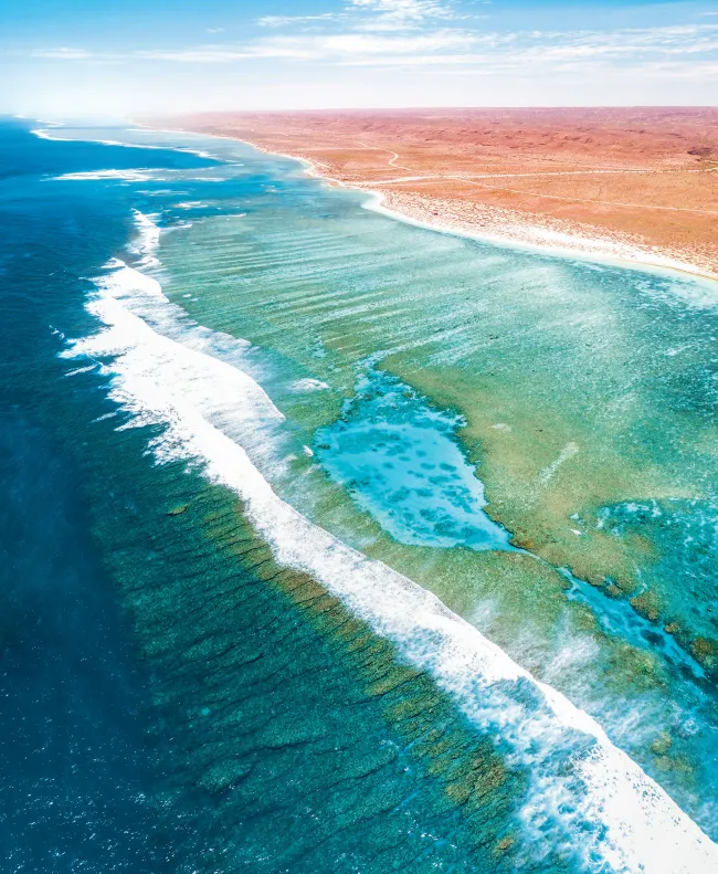 Aerial view of Ningaloo Reef hugging the Western Australian coastline, with vivid turquoise lagoon waters meeting red desert sands.